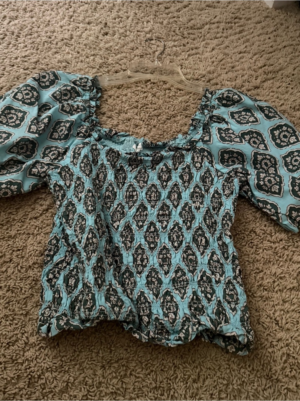 Blue Patterned Smocked Peasant Top